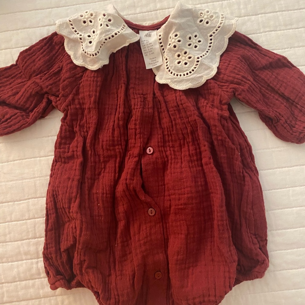 H&M Burgundy Baby Romper with Lace Collar
